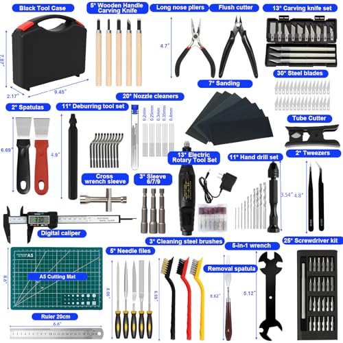 158 PCS 3D Printing Tool Kit, 3D Printing Accessories with Nozzle Cleaning Kit, Deburring Tool, Digital Caliper, Mini Rotary Tool, Smoothing Tools, 3D Printer Tools for Removing Finishing 3D Print - color: 158PCS
