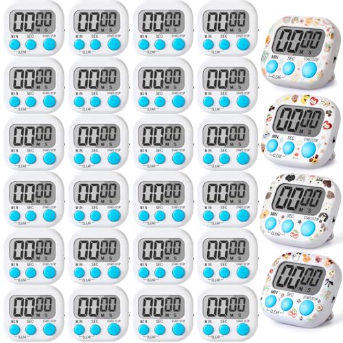 24 Pcs Multi-Function Electronic Timer Small Digital Kitchen Timer Digital Timer with Stickers Magnetic Back for Cooking Classroom Study Gym with Countdown/Up Mode,White