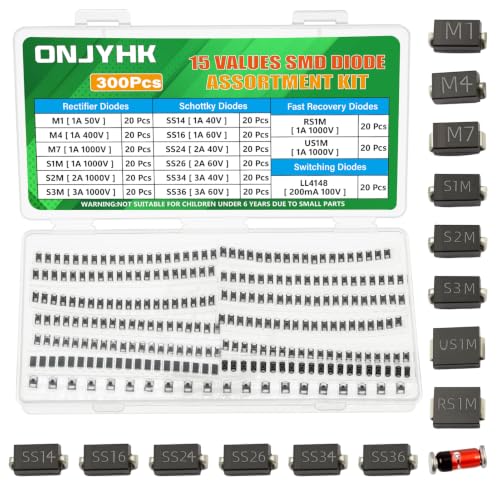 15Values 300PCS SMD Diode Kit M1 M4 M7 S1M S2M S3M SS14 SS16 SS24 SS26 SS34 SS36 RS1M US1M LL4148 Rectifier Schottky Fast Recovery Switching Diodes Assortment Set