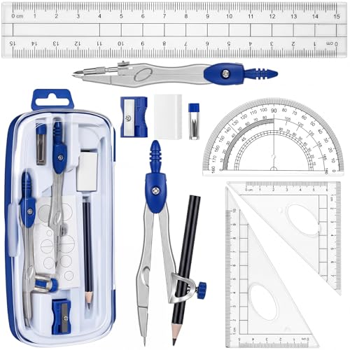 Zonon 10 Pcs Math Geometry Set for Student Compass Protractor, Dark Blue - color: Dark Blue