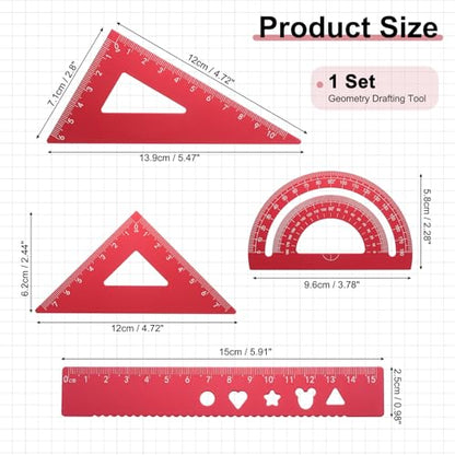 PATIKIL 4Pcs Geometry Drafting Tool, Aluminum Alloy Geometry Kit Math Tool - color: Red, size: 15cm