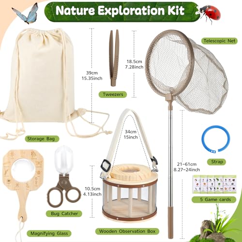 GAGAKU Wooden Bug Catcher Kit for Kids 4-8, Outdoor Explorer Set with Expandable Butterfly Net, Magnifying Glass, Tweezers, Educational Catching Toy for Backyard Camping, Gift for Boys Girls - color: Circle