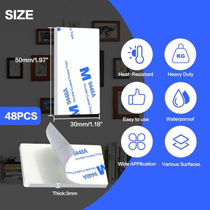 White Double Sided Adhesive Pads,Heavy Duty Mounting Tape,48Pcs 3mm Thickness Pre-Cut Foam Tape,Super-Sticky Black Strong Pads Rectangle Shape Waterproof for Walls Picture, Car, Home, Office - color: White