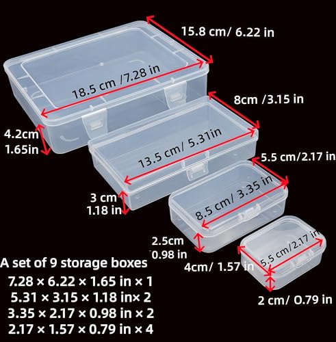 9 Pack Clear Plastic Storage Boxes with Snap-Lock Lids, Assorted Sizes Mini Organizer Containers with Bonus Marking Labels for DIY Crafts, Beads,Charms,Stickers, SMT Components,Hardware - size: 9 Pcs Mixed Sizes