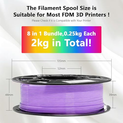 1.75mm 8 Spools Basic Colors PLA 3D Printer Filament Bundle, White/Black/Clear/Light Grey/Blue/Red/Green/Purple, Each Spool 0.25kg, Total 2kg PLA 3D Printing Material, 250g x 8 Spools - color: 8 Colors Bundle: White/Black/Clear/Light Grey/Blue/Red/Green/P