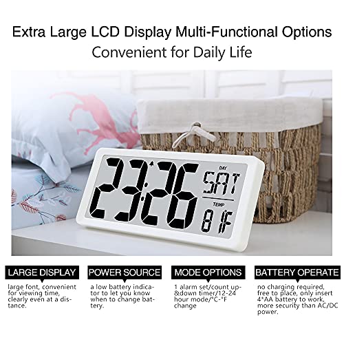 TXL 14.2" Large Digital Day Wall Clock, Custom 8 Languages Calendar, Count up-Down Timer and Temp Reminder, 12/24Hr Desktop Alarm Clock with Extra Large Display for Home Office Studio Hotel, White - color: White-14.2in