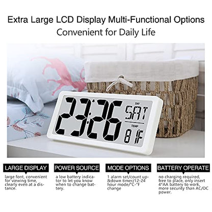 TXL 14.2" Large Digital Day Wall Clock, Custom 8 Languages Calendar, Count up-Down Timer and Temp Reminder, 12/24Hr Desktop Alarm Clock with Extra Large Display for Home Office Studio Hotel, White - color: White-14.2in