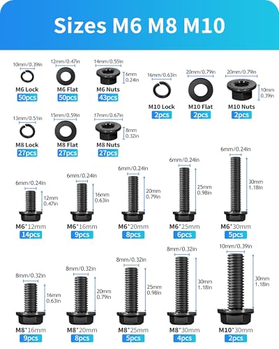 300Pcs Metric Flange Bolt Assortment, M6 M8 M10 Flange Hex Bolts and Nuts Washers Kit, Alloy Steel Class 10.9 Black Zinc Plated, M6x1.0, M8x1.25, M10x1.5 (12mm to 30mm) (Black) - color: Black