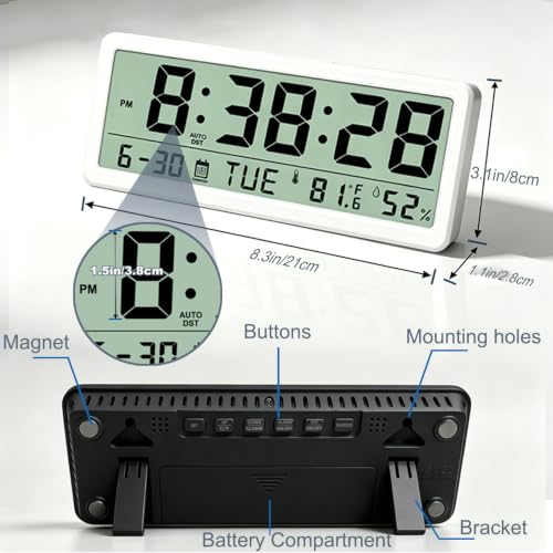 Magnetic Digital Clock with Seconds,8.5inch LCD Alarm Clock for Fridge - color: White