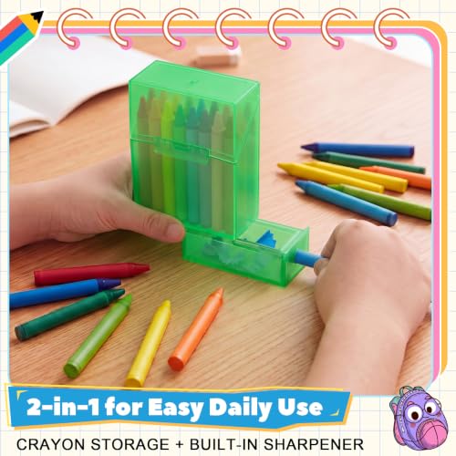 Clabby 2 Pcs 2 in 1 Plastic Crayon Box with Sharpener Holds 24, Green - color: Green
