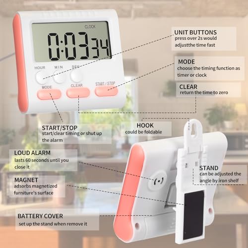 Mudder 3 Pack Digital Kitchen Timer for Cooking, Large Digits, 24 Hour Magnetic Backing Stand Kitchen Timers Clock for Classroom Kids Teachers, Loud Alarm and Large Screen (Pink) - color: Pink