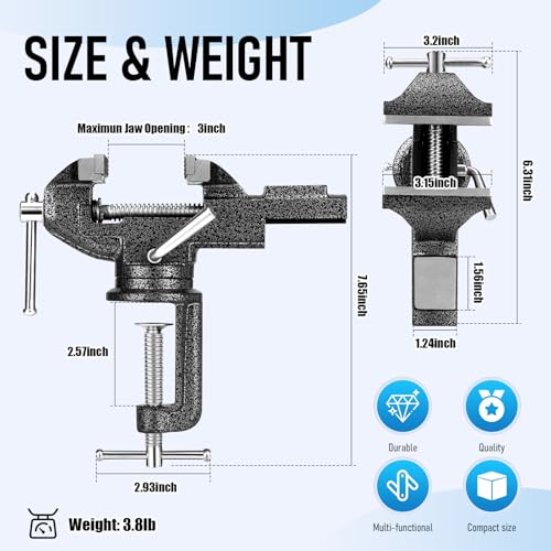 Small Bench Vise 3.2" Clamp-On, 360° Swivel Hobby Table Vise