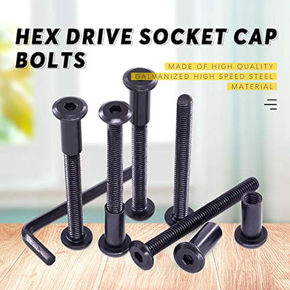 Swpeet 25Pcs M6x60mm Carbon Steel Black Hex Drive Socket Cap Bolts Barrel Nuts Assortment Kit with 1Pcs Allen Wrench, Screw Post Fit for Furniture Countsunk Belt Buckle Leather Binding Bolts - size: M6x60mm