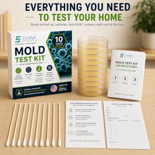 Mold Test Kit for Home by Evviva Sciences - Black Mold Test Kit w/Optional Lab Analysis (Extra Fee) - Mold Air Test Kit - 10 Easy Detection Tests for Indoor Air, HVAC & Surfaces - DIY Mold Detector