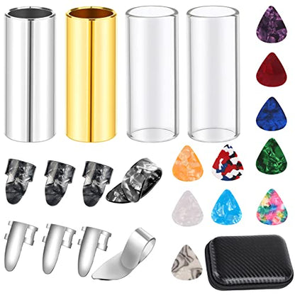 Guitar Slide, 4pcs Augshy Medium Guitar Slides(1 Stainless Steel, 1 Brass and 2 Glass), 4pcs Stainless Steel and 4pcs Plastic Thumb & Finger Picks, 10pcs Guitar Picks All in One Box Guitar Accessories - color: Multicolor 2
