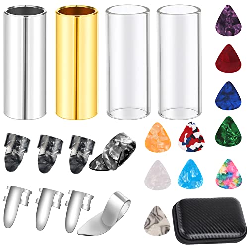 Guitar Slide, 4pcs Augshy Medium Guitar Slides(1 Stainless Steel, 1 Brass and 2 Glass), 4pcs Stainless Steel and 4pcs Plastic Thumb & Finger Picks, 10pcs Guitar Picks All in One Box Guitar Accessories - color: Multicolor 2