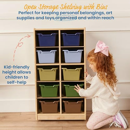 ECR4Kids 10 Cubby Mobile Tray Cabinet with Bins, 5x2, Natural - color: Earthtone