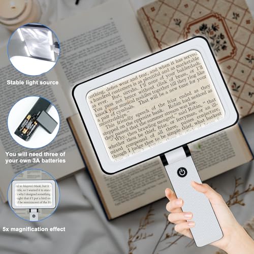 5X Magnifying Glass with Light,Foldable Acrylic Lenses Handheld Magnifying Glass,Lightweight Rectangular Magnifier for Seniors Reading、Close Work、Observe The Stamps - style: Magnifying glass without base