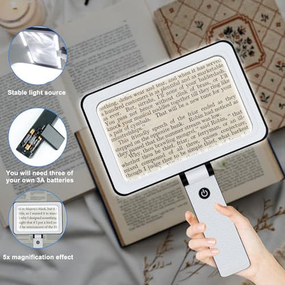 5X Magnifying Glass with Light,Foldable Acrylic Lenses Handheld Magnifying Glass,Lightweight Rectangular Magnifier for Seniors Reading、Close Work、Observe The Stamps - style: Magnifying glass without base