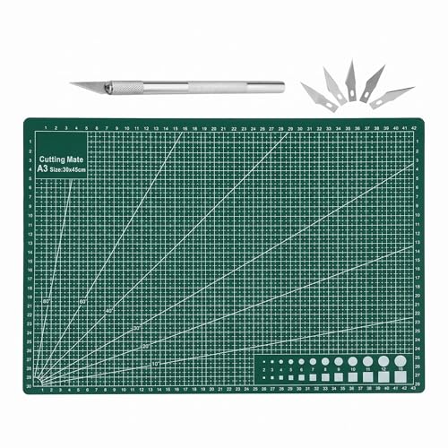 A3 Self Healing Cutting Mat Double Sided, 12x18 Inch Rotary Cutting Board with Aluminum Alloy Craft Knife and 5 Spare Blades, Precision Craft Mat for Sewing Quilting Fabric Scrapbooking Model Making