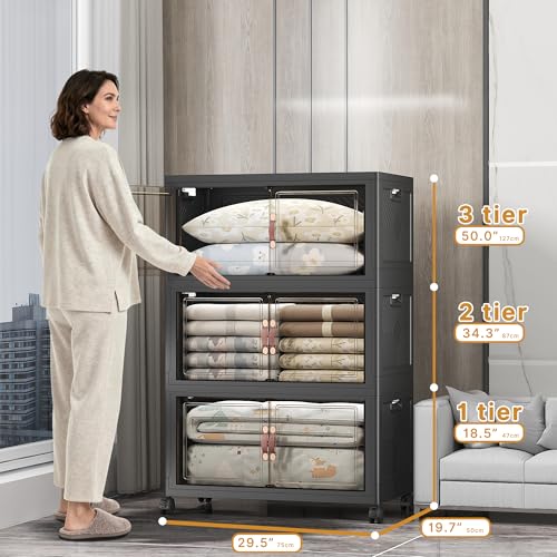 UAMFURI Stackable Storage Bins, 525QT Collapsible Drawers with 1 Lid - color: Dark-175QT, size: 3Pack with 1 top lid