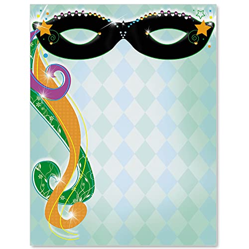 PaperDirect Masquerade Party Border Paper, Multicolor Harlequin Diamonds with Black Mask and Feather Design, 8.5 x 11, Acid-Free, Stationery for Mardi Gras Invitations, Cards, 25 Sheets - color: Masquerade