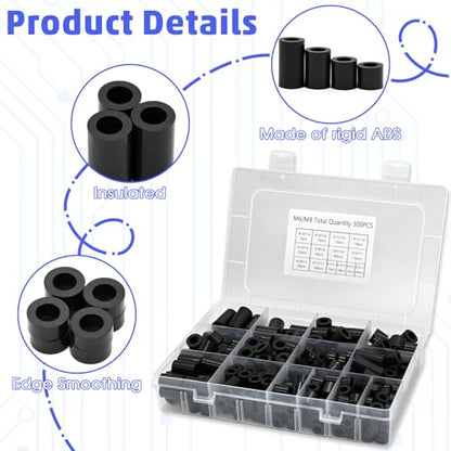 Meafeng 300Pcs Black Nylon Round Spacer M6 M8 Non-Threaded Assortment Kit - size: M6 M8 Nylon Round Spacer
