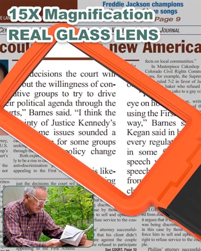 15X Magnifying Glass with Light and Stand, Rechargeable Folding Handheld Real Glass Magnifier, 3 Color Modes Dimmable Lighted Page Magnifier for Reading Small Prints, Seniors with Macular Degeneration - color: Orange-back