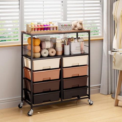 APEXCHASER Rolling Storage Cart with 8 Large Drawers, Wooden Tabletop - color: Brown