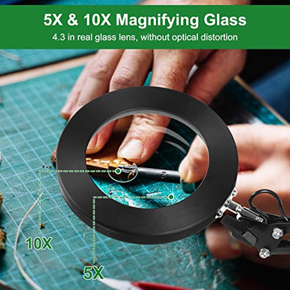 Magnifying Glass with Light and Stand, EOOKU Flexible Magnetic Helping Hand, 5X&10X 12V 108pcs LED Beads Magnifying Lamp, 3 Modes Adjustable Swivel Gooseneck Arms & Heavy Duty Base Plate
