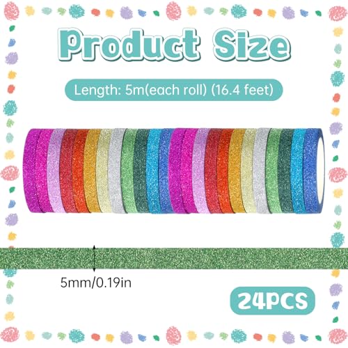 24 Rolls Glitter Washi Tape, 5mm Thin Colored Masking Tape Set Washi Tapes Set Metallic Foil Sparkly Decorative Craft Tapes, Metallic Foil Glitter Decorative Crafttape for Journal DIY Crafts Book