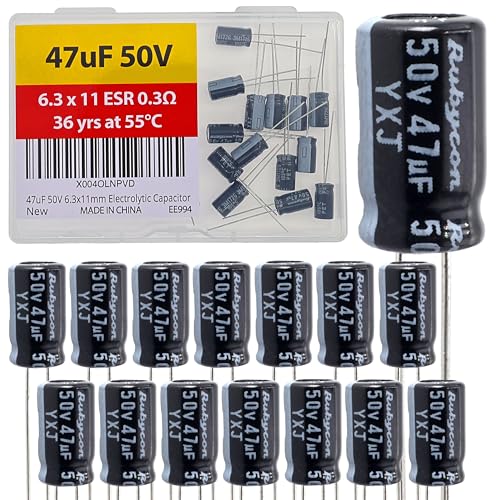 47uF 50V 6.3x11mm Rubycon Electrolytic Capacitor Low ESR 0.3Ω Long Life 36yrs at 55 Degree C mfd mircofarad Micro Farad Radial Lead Aluminum Capacitors (Pack of 15) - style: 47uF 50V 6.3x11mm Rubycon