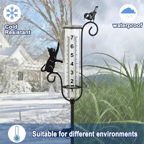 33in Solar Cat Bird Rain Gauge Metal Garden Stake Black Sculpture Decor - color: Cat