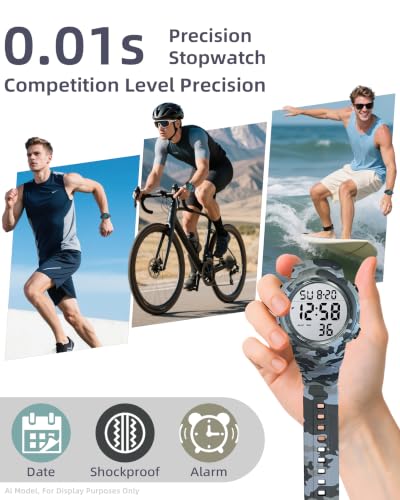 CakCity Digital Watch Mens, Waterproof Sport Wristwatch, Referee Stopwatch - color: Grey Camouflage
