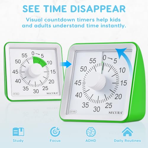 Secura Visual Timer for Kids, 60 Minute Classroom Countdown Timer for Study - color: Green & Green