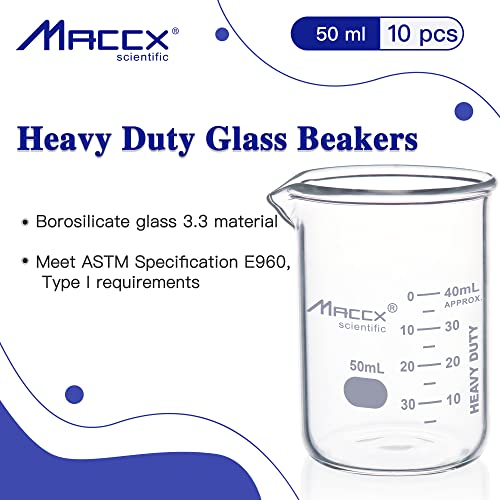 1.7oz(50ml) New Upgraded Glass Beakers, Heavy Duty Lab Beaker Set, 3.3 Borosilicate with Double Scale, Pack of 10, HDBK50-010 - style: Vol.50ml, Pack of 10