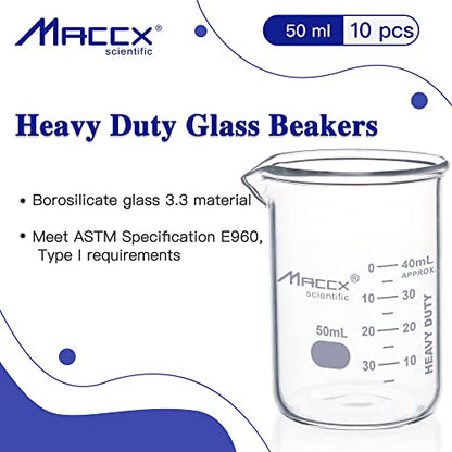 1.7oz(50ml) New Upgraded Glass Beakers, Heavy Duty Lab Beaker Set, 3.3 Borosilicate with Double Scale, Pack of 10, HDBK50-010 - style: Vol.50ml, Pack of 10