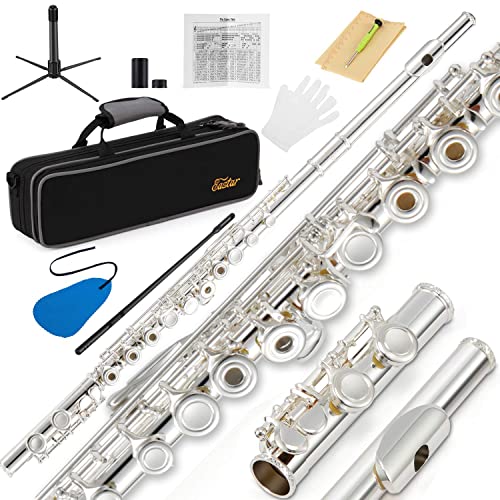Eastar 16-Key Open Hole C Flute Kids Beginner, Silver Full Kit, EFL-2 - color: Silver