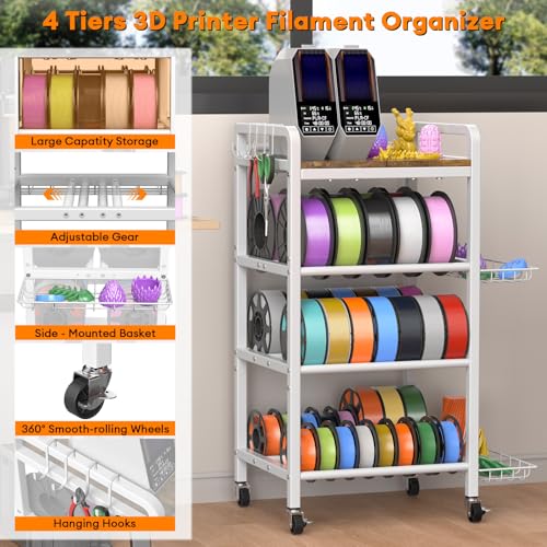 3D Printer Filament Storage Rack- 4 Tiers Filament Spool Holder, Heavy Duty 3D Printing Stand Filament Organizer with 360° Wheels, Metal Filament Stand Shelf for PLA/ABS/TPU/Nylon (White) - color: White