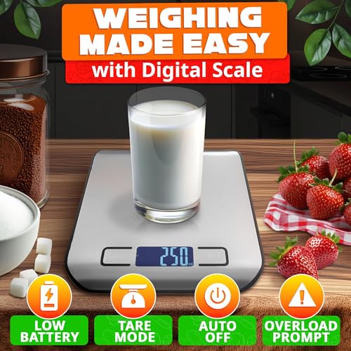 Food Scale with 4-Point Sensor - Kitchen Scales Digital Weight Grams and Ounces, kg, lb, ml, Milk ml with LCD Display, 22lb Load, 0.05oz Increments, Tare & Auto-Off Feature - for Cooking and Backing