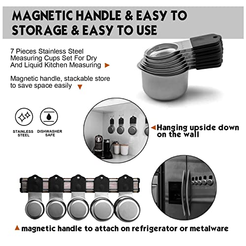 Magnetic Measuring Cups Set, 7 Pieces 18/8 Stainless Steel Stackable Nesting Heavy Duty Metal Measure Cups, Silicone Handle kitchen Tools for Dry and Liquid Ingredients, Dishwasher Safe (Black） - color: Black-7