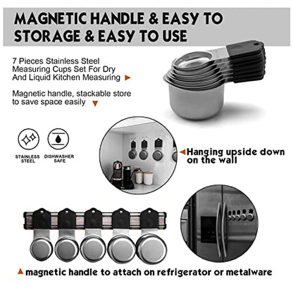 Magnetic Measuring Cups Set, 7 Pieces 18/8 Stainless Steel Stackable Nesting Heavy Duty Metal Measure Cups, Silicone Handle kitchen Tools for Dry and Liquid Ingredients, Dishwasher Safe (Black） - color: Black-7