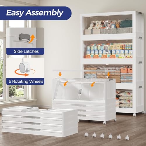 960QT Extra Large Stackable Storage Bins with Lid, 240Gal Plastic Closet Organizers and Storage Drawer, Collapsible Cabinet Box with Wheels Clear Doors for Home Kitchen Office, 3Pack White - size: 320QT