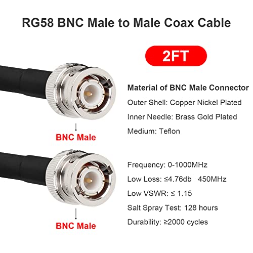 MOOKEERF BNC Cable - 2FT RG58 50 ohm Male to Male Coax Cables Low Loss BNC Extension Coaxial Cable with for Antennas, RF Radios, Modems, Oscilloscopes, Spectrum, etc (Black) - size: 2FT