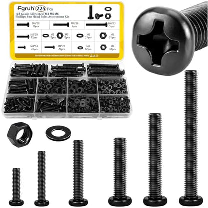 225pcs M4 M5 M6 Pan Head Bolts Nuts Assortment Kit, 14/22/28/38/53 mm - size: B M4M5M6 225pcs
