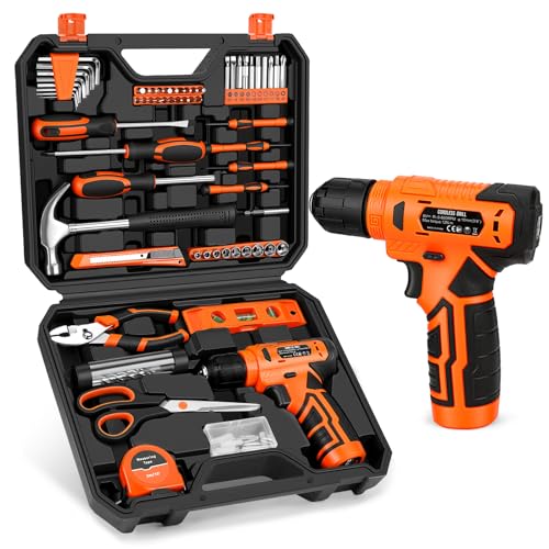 139-Piece Home Tool Kit with 8V Cordless Drill and Storage Case - color: Orange