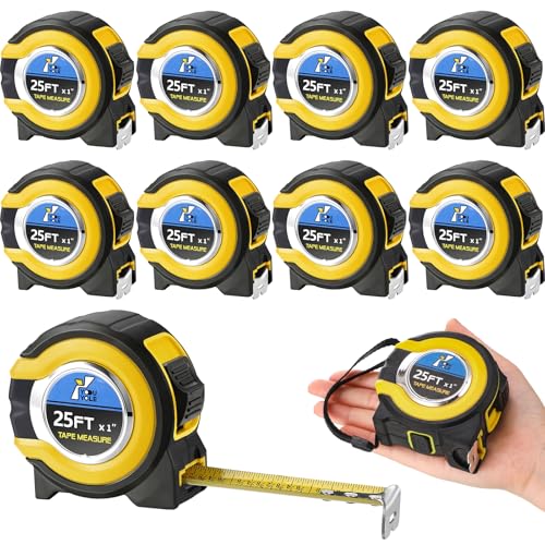 Youyole 10 Pack Tape Measure with Fractions 1/8 Steel Measuring Tape Retractable Easy Read Measurement Ruler Steel Power Blade (25 ft X 1 in,Yellow) - color: Yellow