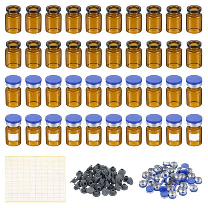 PATIKIL 5ml Sample Vials, 100 Pack Lab Empty Vials with Butyl Rubber Stopper Crimp Top Caps and Labels Borosilicate Glass Vial, Amber - color: Amber, size: 5ml