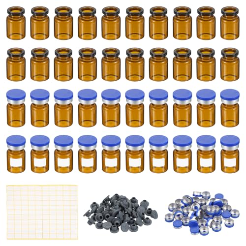 PATIKIL 5ml Sample Vials, 100 Pack Lab Empty Vials with Butyl Rubber Stopper Crimp Top Caps and Labels Borosilicate Glass Vial, Amber - color: Amber, size: 5ml
