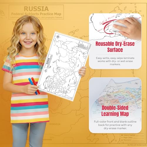 Russia Map Poster 11x17 | Laminated Double-Sided Geography Chart with Color Map Front & Blank Outline Back | Reusable Classroom & Homeschool Learning Tool - color: Russia